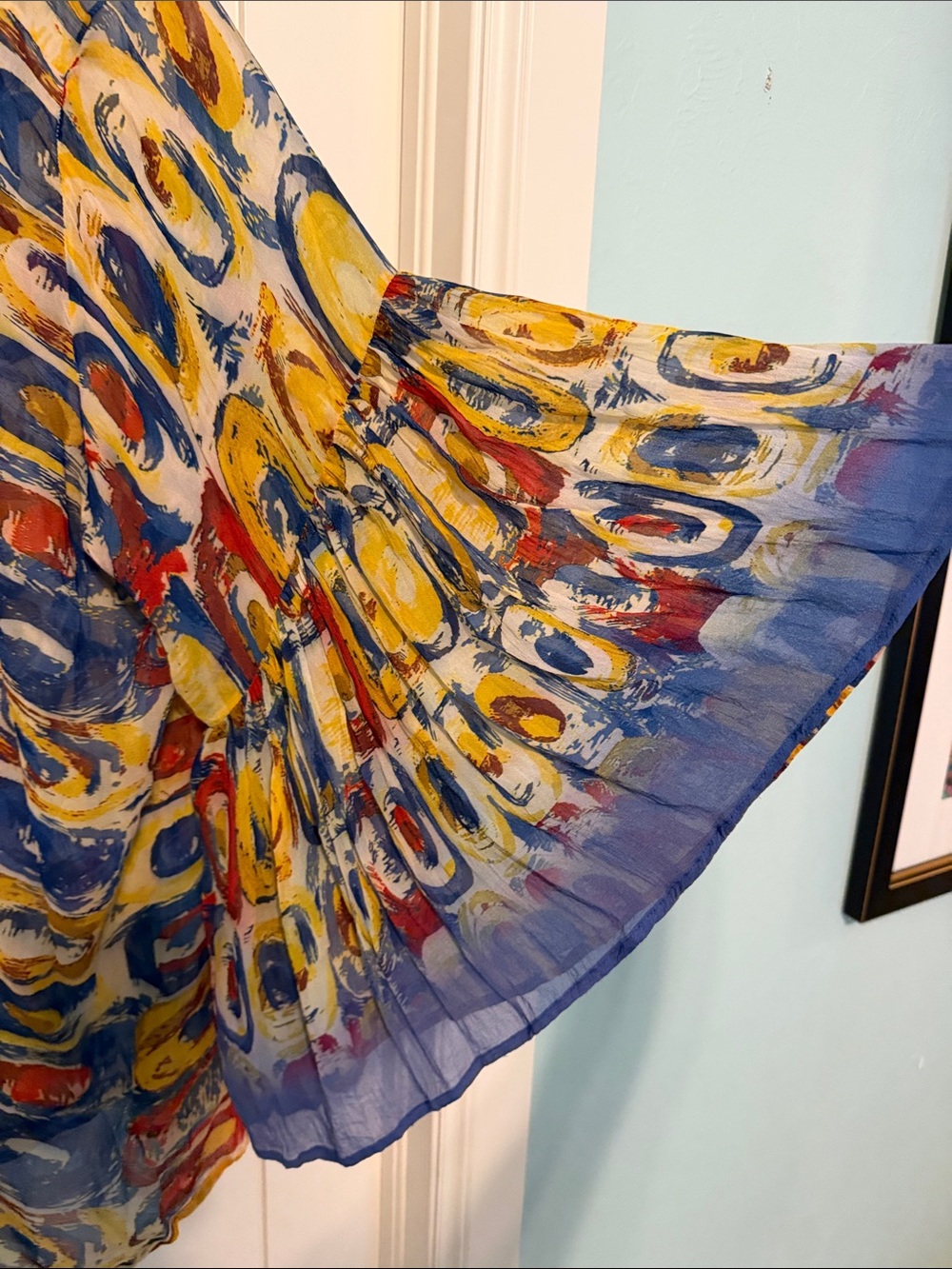 Shana Open-Front Abstract Art to Wear Print Kimono - Yellow Blue Red Resortwear - Picture 9 of 11